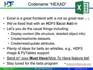 www.hdfgroup.org
Codename “HEXAD”
• Excel is a great frontend with a not so great rear ;-)
• We’ve fixed that with an HDF5 Excel Add-in
• Let’s you do the usual things including:
• Display content (file structure, detailed object info)
• Create/read/write datasets
• Create/read/update attributes
• Plenty of ideas for bells an whistles, e.g., HDF5
image & PyTables support
• Send in* your Must Have/Nice To Have feature list!
• Stay tuned for the beta program * help@hdfgroup.org
March 4, 2015 151HPC Oil & Gas Workshop
 