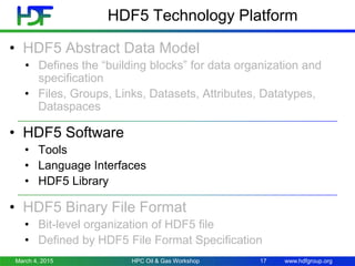 www.hdfgroup.org
HDF5 Technology Platform
• HDF5 Abstract Data Model
• Defines the “building blocks” for data organization and
specification
• Files, Groups, Links, Datasets, Attributes, Datatypes,
Dataspaces
• HDF5 Software
• Tools
• Language Interfaces
• HDF5 Library
• HDF5 Binary File Format
• Bit-level organization of HDF5 file
• Defined by HDF5 File Format Specification
17March 4, 2015 HPC Oil & Gas Workshop
 