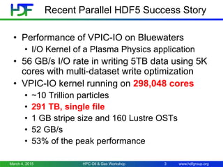 www.hdfgroup.org
Recent Parallel HDF5 Success Story
• Performance of VPIC-IO on Bluewaters
• I/O Kernel of a Plasma Physics application
• 56 GB/s I/O rate in writing 5TB data using 5K
cores with multi-dataset write optimization
• VPIC-IO kernel running on 298,048 cores
• ~10 Trillion particles
• 291 TB, single file
• 1 GB stripe size and 160 Lustre OSTs
• 52 GB/s
• 53% of the peak performance
March 4, 2015 HPC Oil & Gas Workshop 3
 