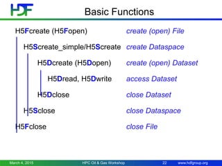 www.hdfgroup.org
Basic Functions
H5Fcreate (H5Fopen) create (open) File
H5Screate_simple/H5Screate create Dataspace
H5Dcreate (H5Dopen) create (open) Dataset
H5Dread, H5Dwrite access Dataset
H5Dclose close Dataset
H5Sclose close Dataspace
H5Fclose close File
March 4, 2015 HPC Oil & Gas Workshop 22
 