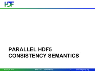 www.hdfgroup.org
PARALLEL HDF5
CONSISTENCY SEMANTICS
March 4, 2015 HPC Oil & Gas Workshop 33
 