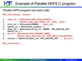 www.hdfgroup.org
Example of Parallel HDF5 C program
Parallel HDF5 program has extra calls:
MPI_Init(&argc, &argv);
1. fapl_id = H5Pcreate(H5P_FILE_ACCESS);
2. H5Pset_fapl_mpio(fapl_id, comm, info);
3. file_id = H5Fcreate(FNAME,…, fapl_id);
4. space_id = H5Screate_simple(…);
5. dset_id = H5Dcreate(file_id, DNAME, H5T_NATIVE_INT,
space_id,…);
6. xf_id = H5Pcreate(H5P_DATASET_XFER);
7. H5Pset_dxpl_mpio(xf_id, H5FD_MPIO_COLLECTIVE);
8. status = H5Dwrite(dset_id, H5T_NATIVE_INT, …, xf_id…);
MPI_Finalize();
March 4, 2015 HPC Oil & Gas Workshop 49
 