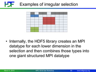 www.hdfgroup.org
Examples of irregular selection
• Internally, the HDF5 library creates an MPI
datatype for each lower dimension in the
selection and then combines those types into
one giant structured MPI datatype
March 4, 2015 HPC Oil & Gas Workshop 59
 