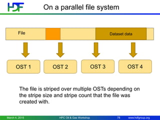 www.hdfgroup.org
On a parallel file system
File Dataset data
OST 1 OST 2 OST 3 OST 4
The file is striped over multiple OSTs depending on
the stripe size and stripe count that the file was
created with.
March 4, 2015 HPC Oil & Gas Workshop 78
 