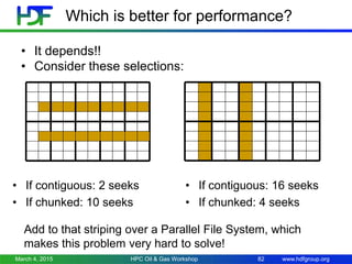 www.hdfgroup.org
Which is better for performance?
• It depends!!
• Consider these selections:
• If contiguous: 2 seeks
• If chunked: 10 seeks
• If contiguous: 16 seeks
• If chunked: 4 seeks
Add to that striping over a Parallel File System, which
makes this problem very hard to solve!
March 4, 2015 HPC Oil & Gas Workshop 82
 