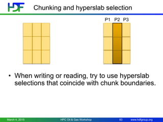 www.hdfgroup.org
Chunking and hyperslab selection
• When writing or reading, try to use hyperslab
selections that coincide with chunk boundaries.
March 4, 2015 HPC Oil & Gas Workshop
P2P1 P3
83
 