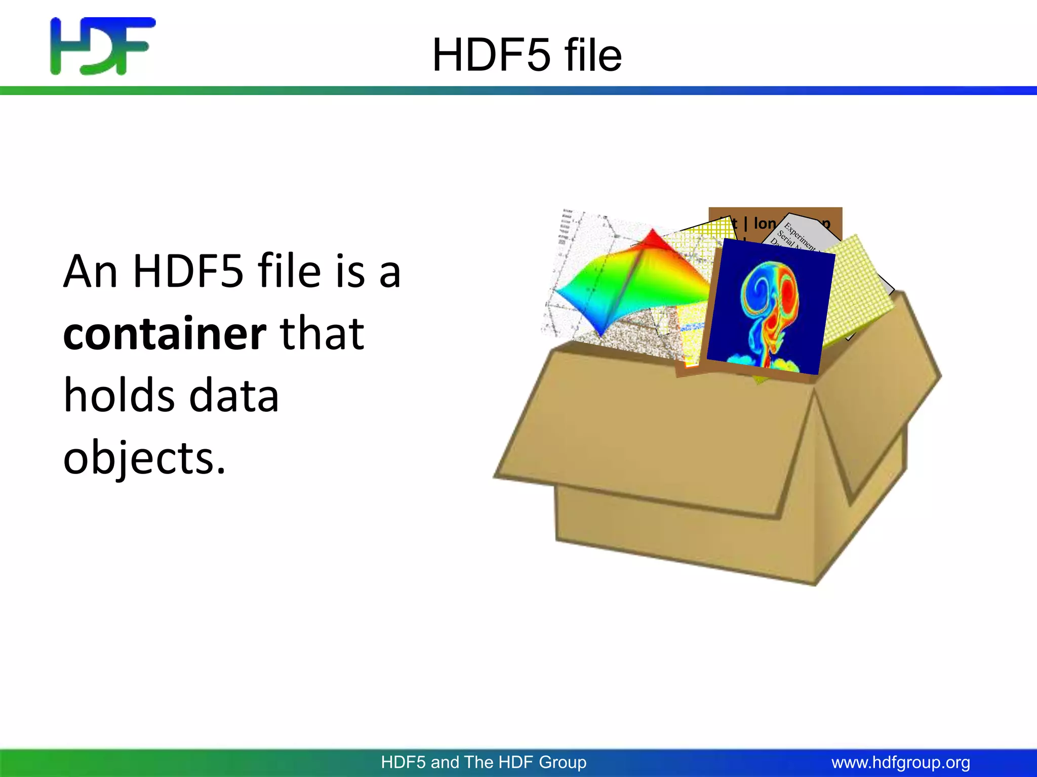 www.hdfgroup.org
HDF5 file
lat | lon | temp
----|-----|-----
12 | 23 | 3.1
15 | 24 | 4.2
17 | 21 | 3.6
An HDF5 file is a
container that
holds data
objects.
HDF5 and The HDF Group
 