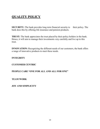 14
QUALITY POLICY
SECURITY: The bank provides long term financial security to their policy. The
bank does this by offering life insurance and pension products.
TRUST: The bank appreciates the trust placed by their policy holders in the bank.
Hence, it will aim to manage their investments very carefully and live up to this
trust.
INNOVATION: Recognizing the different needs of our customers, the bank offers
a range of innovative products to meet these needs.
INTEGRITY
CUSTOMER CENTRIC
PEOPLE CARE “ONE FOR ALL AND ALL FOR ONE”
TEAM WORK
JOY AND SIMPLICITY
 