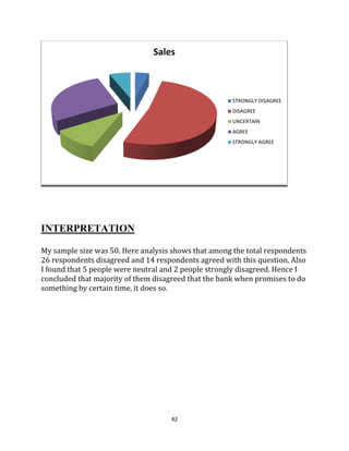 42
INTERPRETATION
My sample size was 50. Here analysis shows that among the total respondents
26 respondents disagreed and 14 respondents agreed with this question. Also
I found that 5 people were neutral and 2 people strongly disagreed. Hence I
concluded that majority of them disagreed that the bank when promises to do
something by certain time, it does so.
Sales
STRONGLY DISAGREE
DISAGREE
UNCERTAIN
AGREE
STRONGLY AGREE
 