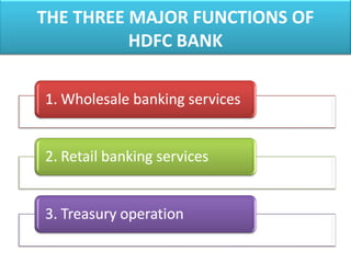 THE THREE MAJOR FUNCTIONS OF
HDFC BANK
 