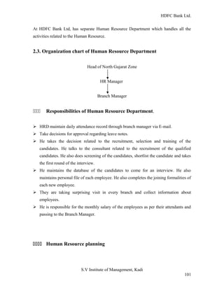 HDFC Bank Ltd. 
At HDFC Bank Ltd, has separate Human Resource Department which handles all the 
activities related to the Human Resource. 
2.3. Organization chart of Human Resource Department 
Head of North Gujarat Zone 
HR Manager 
Branch Manager 
1111 Responsibilities of Human Resource Department. 
Ø HRD maintain daily attendance record through branch manager via E-mail. 
Ø Take decisions for approval regarding leave notes. 
Ø He takes the decision related to the recruitment, selection and training of the 
candidates. He talks to the consultant related to the recruitment of the qualified 
candidates. He also does screening of the candidates, shortlist the candidate and takes 
the first round of the interview. 
Ø He maintains the database of the candidates to come for an interview. He also 
maintains personal file of each employee. He also completes the joining formalities of 
each new employee. 
Ø They are taking surprising visit in every branch and collect information about 
employees. 
Ø He is responsible for the monthly salary of the employees as per their attendants and 
passing to the Branch Manager. 
1111 Human Resource planning 
S.V Institute of Management, Kadi 
101 
 