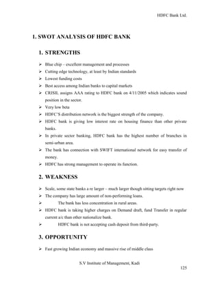 HDFC Bank Ltd. 
1. SWOT ANALYSIS OF HDFC BANK 
1. STRENGTHS 
Ø Blue chip – excellent management and processes 
Ø Cutting edge technology, at least by Indian standards 
Ø Lowest funding costs 
Ø Best access among Indian banks to capital markets 
Ø CRISIL assigns AAA rating to HDFC bank on 4/11/2005 which indicates sound 
position in the sector. 
Ø Very low beta 
Ø HDFC’S distribution network is the biggest strength of the company. 
Ø HDFC bank is giving low interest rate on housing finance than other private 
banks. 
Ø In private sector banking, HDFC bank has the highest number of branches in 
semi-urban area. 
Ø The bank has connection with SWIFT international network for easy transfer of 
money. 
Ø HDFC has strong management to operate its function. 
2. WEAKNESS 
Ø Scale, some state banks a re larger – much larger though sitting targets right now 
Ø The company has large amount of non-performing loans. 
Ø The bank has less concentration in rural areas. 
Ø HDFC bank is taking higher charges on Demand draft, fund Transfer in regular 
current a/c than other nationalize bank. 
Ø HDFC bank is not accepting cash deposit from third-party. 
3. OPPORTUNITY 
Ø Fast growing Indian economy and massive rise of middle class 
S.V Institute of Management, Kadi 
125 
 