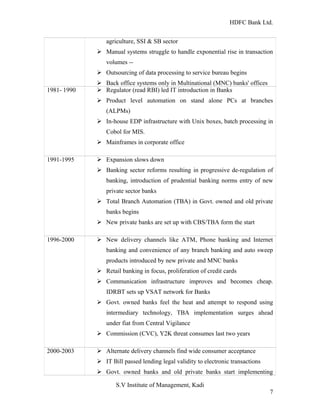 HDFC Bank Ltd. 
agriculture, SSI & SB sector 
Ø Manual systems struggle to handle exponential rise in transaction 
volumes -- 
Ø Outsourcing of data processing to service bureau begins 
Ø Back office systems only in Multinational (MNC) banks' offices 
1981- 1990 Ø Regulator (read RBI) led IT introduction in Banks 
Ø Product level automation on stand alone PCs at branches 
(ALPMs) 
Ø In-house EDP infrastructure with Unix boxes, batch processing in 
Cobol for MIS. 
Ø Mainframes in corporate office 
1991-1995 Ø Expansion slows down 
Ø Banking sector reforms resulting in progressive de-regulation of 
banking, introduction of prudential banking norms entry of new 
private sector banks 
Ø Total Branch Automation (TBA) in Govt. owned and old private 
banks begins 
Ø New private banks are set up with CBS/TBA form the start 
1996-2000 Ø New delivery channels like ATM, Phone banking and Internet 
banking and convenience of any branch banking and auto sweep 
products introduced by new private and MNC banks 
Ø Retail banking in focus, proliferation of credit cards 
Ø Communication infrastructure improves and becomes cheap. 
IDRBT sets up VSAT network for Banks 
Ø Govt. owned banks feel the heat and attempt to respond using 
intermediary technology, TBA implementation surges ahead 
under fiat from Central Vigilance 
Ø Commission (CVC), Y2K threat consumes last two years 
2000-2003 Ø Alternate delivery channels find wide consumer acceptance 
Ø IT Bill passed lending legal validity to electronic transactions 
Ø Govt. owned banks and old private banks start implementing 
S.V Institute of Management, Kadi 
7 
 