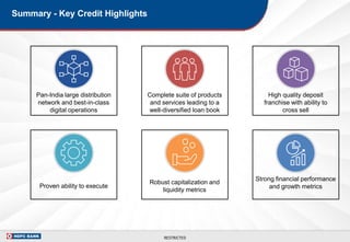 RESTRICTED
Summary - Key Credit Highlights
Pan-India large distribution
network and best-in-class
digital operations
Complete suite of products
and services leading to a
well-diversified loan book
High quality deposit
franchise with ability to
cross sell
Proven ability to execute
Robust capitalization and
liquidity metrics
Strong financial performance
and growth metrics
 