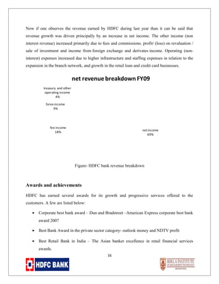 Now if one observes the revenue earned by HDFC during last year than it can be said that
revenue growth was driven principally by an increase in net income. The other income (non
interest revenue) increased primarily due to fees and commissions , profit/ (loss) on revaluation /
sale of investment and income from foreign exchange and derivates income. Operating (noninterest) expenses increased due to higher infrastructure and staffing expenses in relation to the
expansion in the branch network, and growth in the retail loan and credit card businesses.

net revenue breakdown FY09
treasury and other
operating income
4%
forex income
9%

fee income
18%

net income
69%

Figure- HDFC bank revenue breakdown

Awards and achievements
HDFC has earned several awards for its growth and progressive services offered to the
customers. A few are listed below:
•

Corporate best bank award – Dun and Bradstreet –American Express corporate best bank
award 2007

•

Best Bank Award in the private sector category- outlook money and NDTV profit

•

Best Retail Bank in India – The Asian banker excellence in retail financial services
awards.
16

 