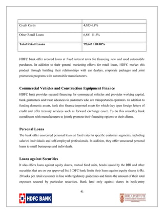 Credit Cards

4,053 6.8%

Other Retail Loans

6,881 11.5%

Total Retail Loans

59,647 100.00%

HDFC bank offer secured loans at fixed interest rates for financing new and used automobile
purchases. In addition to their general marketing efforts for retail loans, HDFC market this
product through building their relationships with car dealers, corporate packages and joint
promotion programs with automobile manufacturers.

Commercial Vehicles and Construction Equipment Finance
HDFC bank provides secured financing for commercial vehicles and provides working capital,
bank guarantees and trade advances to customers who are transportation operators. In addition to
funding domestic assets, bank also finance imported assets for which they open foreign letters of
credit and offer treasury services such as forward exchange cover. To do this smoothly bank
coordinates with manufacturers to jointly promote their financing options to their clients.

Personal Loans
The bank offer unsecured personal loans at fixed rates to specific customer segments, including
salaried individuals and self-employed professionals. In addition, they offer unsecured personal
loans to small businesses and individuals.

Loans against Securities
It also offers loans against equity shares, mutual fund units, bonds issued by the RBI and other
securities that are on our approved list. HDFC bank limits their loans against equity shares to Rs.
20 lacks per retail customer in line with regulatory guidelines and limits the amount of their total
exposure secured by particular securities. Bank lend only against shares in book-entry
41

 
