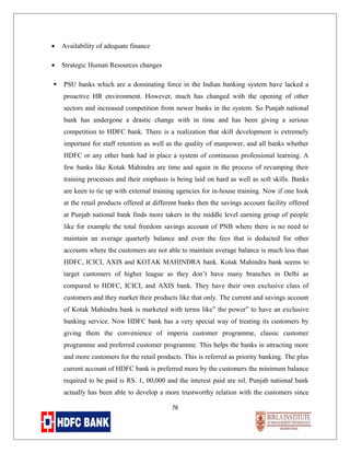 •

Availability of adequate finance

•

Strategic Human Resources changes



PSU banks which are a dominating force in the Indian banking system have lacked a
proactive HR environment. However, much has changed with the opening of other
sectors and increased competition from newer banks in the system. So Punjab national
bank has undergone a drastic change with in time and has been giving a serious
competition to HDFC bank. There is a realization that skill development is extremely
important for staff retention as well as the quality of manpower, and all banks whether
HDFC or any other bank had in place a system of continuous professional learning. A
few banks like Kotak Mahindra are time and again in the process of revamping their
training processes and their emphasis is being laid on hard as well as soft skills. Banks
are keen to tie up with external training agencies for in-house training. Now if one look
at the retail products offered at different banks then the savings account facility offered
at Punjab national bank finds more takers in the middle level earning group of people
like for example the total freedom savings account of PNB where there is no need to
maintain an average quarterly balance and even the fees that is deducted for other
accounts where the customers are not able to maintain average balance is much less than
HDFC, ICICI, AXIS and KOTAK MAHINDRA bank. Kotak Mahindra bank seems to
target customers of higher league as they don’t have many branches in Delhi as
compared to HDFC, ICICI, and AXIS bank. They have their own exclusive class of
customers and they market their products like that only. The current and savings account
of Kotak Mahindra bank is marketed with terms like” the power” to have an exclusive
banking service. Now HDFC bank has a very special way of treating its customers by
giving them the convenience of imperia customer programme, classic customer
programme and preferred customer programme. This helps the banks in attracting more
and more customers for the retail products. This is referred as priority banking. The plus
current account of HDFC bank is preferred more by the customers the minimum balance
required to be paid is RS. 1, 00,000 and the interest paid are nil. Punjab national bank
actually has been able to develop a more trustworthy relation with the customers since
76

 