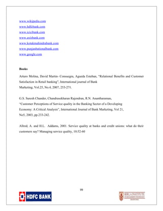 www.wikipedia.com
www.hdfcbank.com
www.icicibank.com
www.axisbank.com
www.kotakmahindrabank.com
www.punjanbationalbank.com
www.google.com

Books
Arturo Molina, David Martin- Consuegra, Agueda Esteban, “Relational Benefits and Customer
Satisfaction in Retail banking”, International journal of Bank
Marketing, Vol.25, No.4, 2007, 253-271.
G.S. Suresh Chander, Chandrasekharan Rajendran, R.N. Anantharaman,
“Customer Perceptions of Service quality in the Banking Sector of a Developing
Economy: A Critical Analysis”, International Journal of Bank Marketing, Vol 21,
No5, 2003, pp.233-242.
Allred, A. and H.L. Addams, 2001. Service quality at banks and credit unions: what do their
customers say? Managing service quality, 10:52-60

99

 