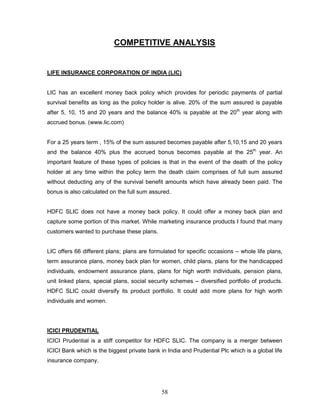 COMPETITIVE ANALYSIS


LIFE INSURANCE CORPORATION OF INDIA (LIC)


LIC has an excellent money back policy which provides for periodic payments of partial
survival benefits as long as the policy holder is alive. 20% of the sum assured is payable
after 5, 10, 15 and 20 years and the balance 40% is payable at the 20th year along with
accrued bonus. (www.lic.com)


For a 25 years term , 15% of the sum assured becomes payable after 5,10,15 and 20 years
and the balance 40% plus the accrued bonus becomes payable at the 25th year. An
important feature of these types of policies is that in the event of the death of the policy
holder at any time within the policy term the death claim comprises of full sum assured
without deducting any of the survival benefit amounts which have already been paid. The
bonus is also calculated on the full sum assured.


HDFC SLIC does not have a money back policy. It could offer a money back plan and
capture some portion of this market. While marketing insurance products I found that many
customers wanted to purchase these plans.


LIC offers 66 different plans; plans are formulated for specific occasions – whole life plans,
term assurance plans, money back plan for women, child plans, plans for the handicapped
individuals, endowment assurance plans, plans for high worth individuals, pension plans,
unit linked plans, special plans, social security schemes – diversified portfolio of products.
HDFC SLIC could diversify its product portfolio. It could add more plans for high worth
individuals and women.




ICICI PRUDENTIAL
ICICI Prudential is a stiff competitor for HDFC SLIC. The company is a merger between
ICICI Bank which is the biggest private bank in India and Prudential Plc which is a global life
insurance company.




                                              58
 