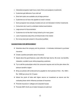  Interested prospects might have a lack of time and postpone investments

   Customers get defensive if you cold call

   Short term plans are available only at large premium

   Customers do not have risk appetite to invest in shares

   Some prospects have already invested and are not interested in further investments

   Consumers don‘t want to undertake medical examinations

   Large amount of documentation

   Customers do not like their money locked up for many years

   Lack of awareness about the unit linked funds in the market

   No money back plan present in the product portfolio


SUGGESTIONS FOR IMPROVEMENT


   Advertise about the company and its products – it motivates individuals to purchase

     insurance

   Create a positive perception about insurance

   Speak about the good features a plan offers like high returns, life cover, tax benefits,

     indexation, accident cover while prospecting customers

   Try to sell the product/plan which the consumer requires and not the plan where the

     advisors benefit is higher

   Bring out policies with small premiums payable for short periods of time – Rs. 5000 –

     Rs. 10000 per annum for 10 years

   Attract the youth of India with higher returns on investment as returns are the

     motivating factor which influence purchase of insurance

   Promote insurance in colleges and corporate houses

   Promote HDFC SLIC as an Indian Company to build trust




                                           62
 