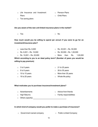 o   Life Insurance and Investment           o    Pension Plans
       Plans                                   o    Child Plans
   o   Tax saving plans




Are you aware of the new unit linked insurance plans in the market?


   o   Yes                                     o    No


How much would you be willing to spend per annum if you were to go for an
investment/insurance plan?


   o   Less than Rs. 6,000                     o    Rs. 25,001 – Rs. 50,000
   o   Rs. 6,001 – Rs. 10,000                  o    Rs. 50,000 – Rs. 1,00,000
   o   Rs. 10,001 – Rs. 25,000                 o    More     than       Rs.   1,00,000
Which according to you is an ideal policy term? (Number of years you would be
willing to pay premium)


   o   3 to 5 years                            o    21 to 25 years
   o   6 to 9 years                            o    26 to 30 years
   o   10 to 15 years                          o    More than 30 years
   o   16 to 20 years                          o    Whole life policy




What motivates you to purchase insurance/investment plans?


   o   Advertisements                          o    Advice from friends
   o   High Returns                            o    Family responsibilities
   o   Others (specify)




In which kind of company would you prefer to make a purchase of insurance?


   o   Government owned company                 o   Public Limited Company

                                       91
 