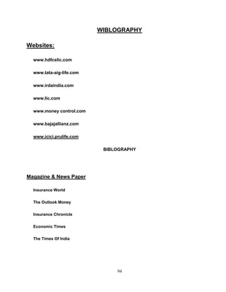 WIBLOGRAPHY

Websites:

  www.hdfcslic.com

  www.tata-aig-life.com

  www.irdaindia.com

  www.lic.com

  www.money control.com

  www.bajajallianz.com

  www.icici.prulife.com

                           BIBLOGRAPHY




Magazine & News Paper

  Insurance World

  The Outlook Money

  Insurance Chronicle

  Economic Times

  The Times Of India




                               94
 