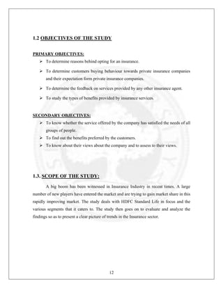 1.2 OBJECTIVES OF THE STUDY
PRIMARY OBJECTIVES:
To determine reasons behind opting for an insurance.
To determine customers buying behaviour towards private insurance companies
and their expectation form private insurance companies.
To determine the feedback on services provided by any other insurance agent.
To study the types of benefits provided by insurance services.

SECONDARY OBJECTIVES:
To know whether the service offered by the company has satisfied the needs of all
groups of people.
To find out the benefits preferred by the customers.
To know about their views about the company and to assess to their views.

1.3. SCOPE OF THE STUDY:
A big boom has been witnessed in Insurance Industry in recent times. A large
number of new players have entered the market and are trying to gain market share in this
rapidly improving market. The study deals with HDFC Standard Life in focus and the
various segments that it caters to. The study then goes on to evaluate and analyze the
findings so as to present a clear picture of trends in the Insurance sector.

12

 