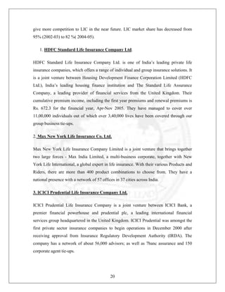 give more competition to LIC in the near future. LIC market share has decreased from
95% (2002-03) to 82 %( 2004-05).
1. HDFC Standard Life Insurance Company Ltd.
HDFC Standard Life Insurance Company Ltd. is one of India’s leading private life
insurance companies, which offers a range of individual and group insurance solutions. It
is a joint venture between Housing Development Finance Corporation Limited (HDFC
Ltd.), India’s leading housing finance institution and The Standard Life Assurance
Company, a leading provider of financial services from the United Kingdom. Their
cumulative premium income, including the first year premiums and renewal premiums is
Rs. 672.3 for the financial year, Apr-Nov 2005. They have managed to cover over
11,00,000 individuals out of which over 3,40,000 lives have been covered through our
group business tie-ups.
2. Max New York Life Insurance Co. Ltd.
Max New York Life Insurance Company Limited is a joint venture that brings together
two large forces - Max India Limited, a multi-business corporate, together with New
York Life International, a global expert in life insurance. With their various Products and
Riders, there are more than 400 product combinations to choose from. They have a
national presence with a network of 57 offices in 37 cities across India.
3. ICICI Prudential Life Insurance Company Ltd.
ICICI Prudential Life Insurance Company is a joint venture between ICICI Bank, a
premier financial powerhouse and prudential plc, a leading international financial
services group headquartered in the United Kingdom. ICICI Prudential was amongst the
first private sector insurance companies to begin operations in December 2000 after
receiving approval from Insurance Regulatory Development Authority (IRDA). The
company has a network of about 56,000 advisors; as well as 7banc assurance and 150
corporate agent tie-ups.

20

 