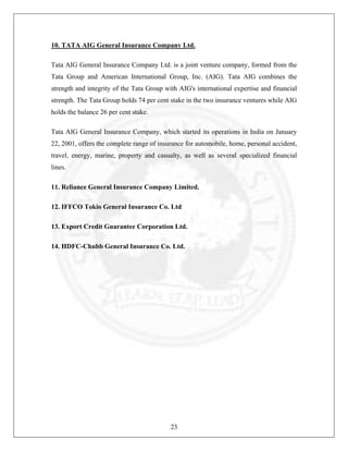 10. TATA AIG General Insurance Company Ltd.
Tata AIG General Insurance Company Ltd. is a joint venture company, formed from the
Tata Group and American International Group, Inc. (AIG). Tata AIG combines the
strength and integrity of the Tata Group with AIG's international expertise and financial
strength. The Tata Group holds 74 per cent stake in the two insurance ventures while AIG
holds the balance 26 per cent stake.
Tata AIG General Insurance Company, which started its operations in India on January
22, 2001, offers the complete range of insurance for automobile, home, personal accident,
travel, energy, marine, property and casualty, as well as several specialized financial
lines.
11. Reliance General Insurance Company Limited.
12. IFFCO Tokio General Insurance Co. Ltd
13. Export Credit Guarantee Corporation Ltd.
14. HDFC-Chubb General Insurance Co. Ltd.

23

 