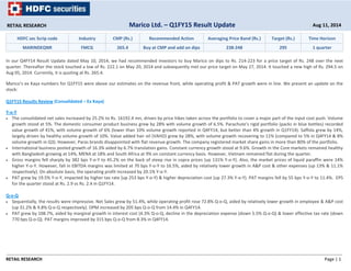 RETAIL RESEARCH Page | 1
HDFC sec Scrip code Industry CMP (Rs.) Recommended Action Averaging Price Band (Rs.) Target (Rs.) Time Horizon
MARINDEQNR FMCG 265.4 Buy at CMP and add on dips 238‐248 295 1 quarter
In our Q4FY14 Result Update dated May 10, 2014, we had recommended investors to buy Marico on dips to Rs. 214‐223 for a price target of Rs. 248 over the next
quarter. Thereafter the stock touched a low of Rs. 222.1 on May 20, 2014 and subsequently met our price target on May 27, 2014. It touched a new high of Rs. 294.5 on
Aug 05, 2014. Currently, it is quoting at Rs. 265.4.
Marico’s ex Kaya numbers for Q1FY15 were above our estimates on the revenue front, while operating profit & PAT growth were in line. We present an update on the
stock:
Q1FY15 Results Review (Consolidated – Ex Kaya)
Y‐o‐Y
• The consolidated net sales increased by 25.2% to Rs. 16192.4 mn, driven by price hikes taken across the portfolio to cover a major part of the input cost push. Volume
growth stood at 5%. The domestic consumer product business grew by 28% with volume growth of 6.5%. Parachute’s rigid portfolio (packs in blue bottles) recorded
value growth of 41%, with volume growth of 6% (lower than 10% volume growth reported in Q4FY14, but better than 4% growth in Q1FY14). Saffola grew by 14%,
largely driven by healthy volume growth of 10%. Value added hair oil (VAHO) grew by 28%, with volume growth recovering to 11% (compared to 5% in Q4FY14 & 8%
volume growth in Q3). However, Paras brands disappointed with flat revenue growth. The company registered market share gains in more than 80% of the portfolio.
• International business posted growth of 16.3% aided by 6.7% translation gains. Constant currency growth stood at 9.6%. Growth in the Core markets remained healthy
with Bangladesh growing at 14%, MENA at 18% and South Africa at 9% on constant currency basis. However, Vietnam remained flat during the quarter.
• Gross margins fell sharply by 382 bps Y‐o‐Y to 45.2% on the back of steep rise in copra prices (up 131% Y‐o‐Y). Also, the market prices of liquid paraffin were 14%
higher Y‐o‐Y. However, fall in EBITDA margins was limited at 70 bps Y‐o‐Y to 16.5%, aided by relatively lower growth in A&P cost & other expenses (up 13% & 11.1%
respectively). On absolute basis, the operating profit increased by 20.1% Y‐o‐Y.
• PAT grew by 19.5% Y‐o‐Y, impacted by higher tax rate (up 253 bps Y‐o‐Y) & higher depreciation cost (up 27.3% Y‐o‐Y). PAT margins fell by 55 bps Y‐o‐Y to 11.4%. EPS
for the quarter stood at Rs. 2.9 vs Rs. 2.4 in Q1FY14.
Q‐o‐Q
• Sequentially, the results were impressive. Net Sales grew by 51.4%, while operating profit rose 72.8% Q‐o‐Q, aided by relatively lower growth in employee & A&P cost
(up 31.2% & 9.8% Q‐o‐Q respectively). OPM increased by 205 bps Q‐o‐Q from 14.4% in Q4FY14.
• PAT grew by 108.7%, aided by marginal growth in interest cost (4.3% Q‐o‐Q, decline in the depreciation expense (down 5.5% Q‐o‐Q) & lower effective tax rate (down
770 bps Q‐o‐Q). PAT margins improved by 315 bps Q‐o‐Q from 8.3% in Q4FY14.
RETAIL RESEARCH Aug 11, 2014Marico Ltd. – Q1FY15 Result Update
 