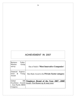 36




                     ACHIEVEMENT IN 2007


Business   Today-
Monitor     Group
survey                 One of India's "Most Innovative Companies"

Financial Express-
Ernst & Young         Best Bank Award in the Private Sector category
Award


Global          HR 'Employer Brand of the Year 2007 -2008'
Excellence Awards Award - First Runner up, & many more
- Asia Pacific HRM
Congress:
 