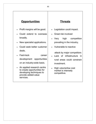 40




     Opportunities                                 Threats

•   Profit margins will be good.        •   Legislation could impact.

•   Could extend to overseas            •   Great risk involved
    broadly.                            •   Very     high     competition
•   New specialist applications.            prevailing in the industry.

•   Could seek better customer          •   Vulnerable to reactive
    deals.
                                            attack by major competitors
•   Fast-track            career        •   Lack of infrastructure in
    development    opportunities            rural areas could constrain
    on an industry-wide basis.              investment.
•   An applied research centre          •   High volume/low cost
    to create opportunities for             market is intensely
    developing techniques to                competitive.
    provide added-value
    services.
 
