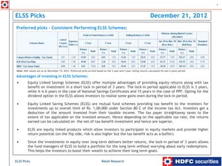 1



ELSS Picks                                                                                                                  December 21, 2012
    Preferred picks - Consistent Performing ELSS Schemes:




.




    Note: NAV values are as on December 19, 2012. Preferred picks arrived based on the 3 year and 5 year rolling returns calculated for last 6 years period.

    Advantages of investing in ELSS Schemes:
    •        Equity Linked Savings Schemes (ELSS) offer multiple advantages of providing equity returns along with tax
             benefit on investment in a short lock in period of 3 years. The lock-in period applicable to ELSS is 3 years,
             while it is 6 years in the case of National Savings Certificates and 15 years in the case of PPF. Opting for the
             dividend option in the ELSS allows investors to realise some gains even during the lock-in period.

    •        Equity Linked Saving Schemes (ELSS) are mutual fund schemes providing tax benefit to the investors for
             investments up to overall limit of Rs. 1,00,000 under Section 80 C of the Income tax Act. Investors get a
             deduction of the amount invested from their taxable income. The tax payer straightaway saves to the
             extent of tax applicable on the invested amount. Hence depending on the applicable tax rate, the returns
             earned can be calculated on the net-of-tax-benefit investment and hence are superior.

    •        ELSS are equity linked products which allow investors to participate in equity markets and provide higher
             return potential (on the flip side, risk is also higher but the tax benefit acts as a buffer).

    •        Since the investments in equity over long-term delivers better returns, the lock-in period of 3 years allows
             the fund managers of ELSS to build a portfolio for the long term without worrying about early redemptions.
             This helps the investors to boost their wealth to achieve their long term goals.

ELSS Picks                                                                      Retail Research
 