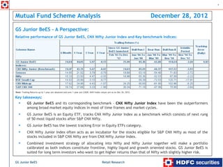 1



Mutual Fund Scheme Analysis                                                                                           December 28, 2012

GS Junior BeES - A Perspective:
Relative performance of GS Junior BeES, CNX Nifty Junior Index and Key benchmark Indices:




Note: Trailing Returns up to 1 year are absolute and over 1 year are CAGR. NAV/index values are as on Dec 26, 2012.

Key takeaways:
           GS Junior BeES and its corresponding benchmark - CNX Nifty Junior Index have been the outperformers
           among broad market equity indices in most of time frames and market cycles.
           GS Junior BeES is an Equity ETF, tracks CNX Nifty Junior Index as a benchmark which consists of next rung
           of 50 most liquid stocks after S&P CNX Nifty.
           GS Junior BeES has the lowest tracking Error in Equity ETFs category.
           CNX Nifty Junior Index often acts as an incubator for the stocks eligible for S&P CNX Nifty as most of the
           stocks included in S&P CNX Nifty are from CNX Nifty Junior Index.
           Combined investment strategy of allocating into Nifty and Nifty Junior together will make a portfolio
           calibrated as both indices constitute frontline, highly liquid and growth oriented stocks. GS Junior BeES is
           suited for long term investors who want to get higher returns than that of Nifty with slightly higher risk.

GS Junior BeES                                                                        Retail Research
 