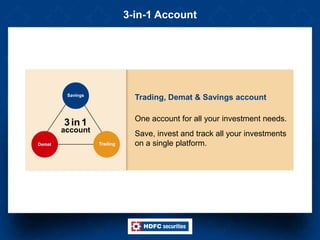 3-in-1 Account
Trading, Demat & Savings account
One account for all your investment needs.
Save, invest and track all your investments
on a single platform.
 