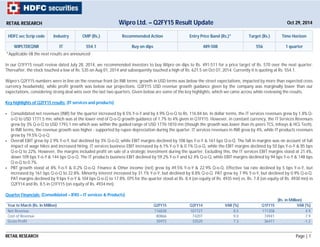 RETAIL RESEARCH Oct Wipro Ltd. – Q2FY15 Result Update 29, 2014 
HDFC sec Scrip code Industry CMP (Rs.) Recommended Action Entry Price Band (Rs.)* Target (Rs.) Time Horizon 
WIPLTDEQNR IT 554.1 Buy on dips 489-508 556 1 quarter 
*Applicable till the next results are announced 
In our Q1FY15 result review dated July 28, 2014, we recommended investors to buy Wipro on dips to Rs. 491-511 for a price target of Rs. 570 over the next quarter. 
Thereafter, the stock touched a low of Rs. 535 on Aug 01, 2014 and subsequently touched a high of Rs. 621.5 on Oct 07, 2014. Currently it is quoting at Rs. 554.1. 
Wipro’s Q2FY15 numbers were in line on the revenue front (in INR terms; growth in USD terms was below the street expectations, impacted by more than expected cross 
currency headwinds), while profit growth was below our projections. Q3FY15 USD revenue growth guidance given by the company was marginally lower than our 
expectations, considering strong deal wins over the last two quarters. Given below are some of the key highlights, which we came across while reviewing the results. 
Key highlights of Q2FY15 results: (IT services and products) 
 Consolidated net revenues (INR) for the quarter increased by 8.5% Y-o-Y and by 4.9% Q-o-Q to Rs. 116.84 bn. In dollar terms, the IT services revenues grew by 1.8% Q-o- 
Q to USD 1771.5 mn, which was at the lower end of Q-o-Q growth guidance of 1.7% to 4% given in Q1FY15. However, in constant currency, the IT Services Revenues 
grew by 3% Q-o-Q to USD 1793.1 mn which was within the guided range of USD 1770-1810 mn (though the growth was lower than its peers TCS, Infosys & HCL Tech). 
In INR terms, the revenue growth was higher - supported by rupee depreciation during the quarter. IT services revenues in INR grew by 4%, while IT products revenues 
grew by 19.5% Q-o-Q. 
 Overall EBIT grew by 2.9% Y-o-Y, but declined by 3% Q-o-Q, while EBIT margins declined by 108 bps Y-o-Y & 161 bps Q-o-Q. The fall in margins was on account of full 
impact of wage hikes and increased hiring. IT services business EBIT increased by 6.1% Y-o-Y & 0.1% Q-o-Q, while the EBIT margins declined by 50 bps Y-o-Y & 85 bps 
Q-o-Q to 22%. However, the margins included profit on sale of a strategic investment during the quarter. Excluding this, the IT services EBIT margins stood at 21.4%, 
down 109 bps Y-o-Y & 144 bps Q-o-Q. The IT products business EBIT declined by 59.2% Y-o-Y and 62.4% Q-o-Q, while EBIT margins declined by 94 bps Y-o-Y & 148 bps 
Q-o-Q to 0.7%. 
 PBT growth stood at 8% Y-o-Y & 0.2% Q-o-Q. Finance & Other income (net) grew by 49.5% Y-o-Y & 22.9% Q-o-Q. Effective tax rate declined by 5 bps Y-o-Y, but 
increased by 161 bps Q-o-Q to 22.8%. Minority interest increased by 31.1% Y-o-Y, but declined by 8.8% Q-o-Q. PAT grew by 7.9% Y-o-Y, but declined by 0.9% Q-o-Q. 
PAT margins declined by 9 bps Y-o-Y & 104 bps Q-o-Q to 17.8%. EPS for the quarter stood at Rs. 8.4 (on equity of Rs. 4935 mn) vs. Rs. 7.8 (on equity of Rs. 4930 mn) in 
Q2FY14 and Rs. 8.5 in Q1FY15 (on equity of Rs. 4934 mn). 
Quarter Financials: (Consolidated – IFRS – IT services & Products) 
(Rs. in Million) 
Year to March (Rs. In Million) Q2FY15 Q2FY14 VAR [%] Q1FY15 VAR [%] 
Net Revenue 116838 107727 8.5 111358 4.9 
Cost of Revenue 80866 74207 9.0 74941 7.9 
Gross Profit 35972 33520 7.3 36417 -1.2 
RETAIL RESEARCH Page | 1 
 