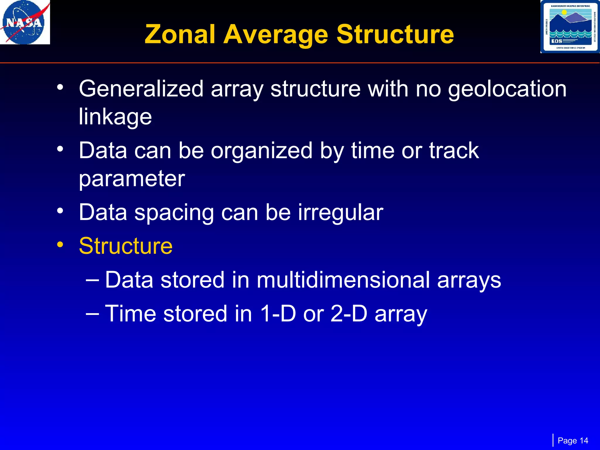 Zonal Average Structure
• Generalized array structure with no geolocation
linkage
• Data can be organized by time or track
parameter
• Data spacing can be irregular
• Structure
– Data stored in multidimensional arrays
– Time stored in 1-D or 2-D array

Page 14

 