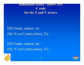 Dimension Scales : HDF5 API
C code
for the X and Y arrays

H5LTmake_dataset_int
(fid,“X axis",rankx,dimsx, X);
H5LTmake_dataset_int
(fid,“Y axis",ranky,dimsy, Y);
-7-

HDF

 