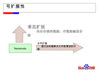 可扩展性 Namenode 水平扩展 通过加机器解决文件数增加的问题 垂直扩展 内存存储热数据，冷数据磁盘存储 