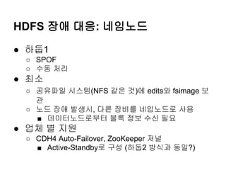 HDFS 장애 대응: 네임노드
● 하둡1
○ SPOF
○ 수동 처리

● 최소
○ 공유파일 시스템(NFS 같은 것)에 edits와 fsimage 보
관
○ 노드 장애 발생시, 다른 장비를 네임노드로 사용
■ 데이터노드로부터 블록 정보 수신 필요

● 업체 별 지원
○ CDH4 Auto-Failover, ZooKeeper 저널
■ Active-Standby로 구성 (하둡2 방식과 동일?)

 