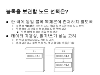 블록을 보관할 노드 선택은?
● 한 랙에 동일 블록 복제본이 존재하지 않도록
○
○

첫 번째 replica는 가까운 노드(랙)에 보관 또는 임의 노드 선택
두 번째와 세 번째는 첫 번째와 다른 랙에 보관
■ 두 번째/세 번째는 동일 랙에 보관

● 데이터 가용성, 읽기/쓰기 성능 고려
○
○

한 랙이 장애나더라도 서비스 가능
쓰기 과정에서 블록 복제 시, 랙 간 데이터 이동은 1회
랙1
데이터노드1-1

랙2
데이터노드2-1

데이터노드2-2

 