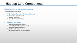 Hadoop Core Components
Slide 21
Hadoop is a system for large scale data processing.
It has two main components:
 HDFS – Hadoop Distributed File System (Storage)
 Distributed across “nodes”
 Natively redundant
 NameNode tracks locations.
 MapReduce (Processing)
 Splits a task across processors
 “near” the data & assembles results
 Self-Healing, High Bandwidth
 Clustered storage
 JobTracker manages the TaskTrackers
 