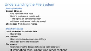 Understanding the File system
Block placement
• Current Strategy
 One replica on local node
 Second replica on a remote rack
 Third replica on same remote rack
 Additional replicas are randomly placed
• Clients read from nearest replica
Data Correctness
• Use Checksums to validate data
 Use CRC32
• File Creation
 Client computes checksum per 512 byte
 DataNode stores the checksum
• File access
 Client retrieves the data and checksum from DataNode
 