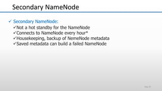 Secondary NameNode
Slide 27
 Secondary NameNode:
Not a hot standby for the NameNode
Connects to NameNode every hour*
Housekeeping, backup of NemeNode metadata
Saved metadata can build a failed NameNode
 