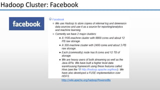 http://wiki.apache.org/hadoop/PoweredBy
Hadoop Cluster: Facebook
 