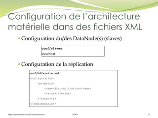 https://inesslimene.wixsite.com/moncours HDFS 31
 Configuration du/des DataNode(s) (slaves)
Configuration de l’architectu...