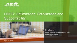 HDFS: Optimization, Stabilization and
Supportability
April 13, 2016
Chris Nauroth
email: cnauroth@hortonworks.com
twitter: @cnauroth
 