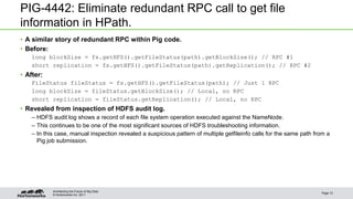 © Hortonworks Inc. 2011
PIG-4442: Eliminate redundant RPC call to get file
information in HPath.
• A similar story of redundant RPC within Pig code.
• Before:
long blockSize = fs.getHFS().getFileStatus(path).getBlockSize(); // RPC #1
short replication = fs.getHFS().getFileStatus(path).getReplication(); // RPC #2
• After:
FileStatus fileStatus = fs.getHFS().getFileStatus(path); // Just 1 RPC
long blockSize = fileStatus.getBlockSize(); // Local, no RPC
short replication = fileStatus.getReplication(); // Local, no RPC
• Revealed from inspection of HDFS audit log.
– HDFS audit log shows a record of each file system operation executed against the NameNode.
– This continues to be one of the most significant sources of HDFS troubleshooting information.
– In this case, manual inspection revealed a suspicious pattern of multiple getfileinfo calls for the same path from a
Pig job submission.
Page 13
Architecting the Future of Big Data
 