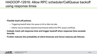 © Hortonworks Inc. 2011
HADOOP-12916: Allow RPC scheduler/CallQueue backoff
using response times
• Flexible back-off policies.
– Triggering backoff when the queue is full is often too late.
– Clients may be already experiencing timeouts before the RPC queue overflows.
• Instead, track call response time and trigger backoff when response time exceeds
bounds.
• Further reduces the probability of client timeouts and hence reduces job failures.
Page 18
Architecting the Future of Big Data
 