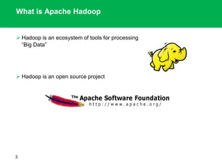  Hadoop is an ecosystem of tools for processing
“Big Data”
 Hadoop is an open source project
What is Apache Hadoop
3
 